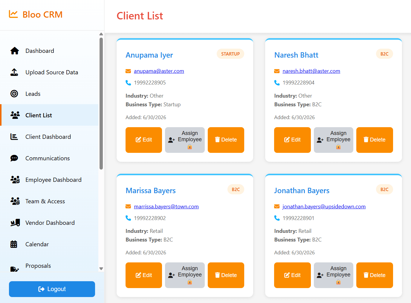 BlooCRM client list and 360 customer view