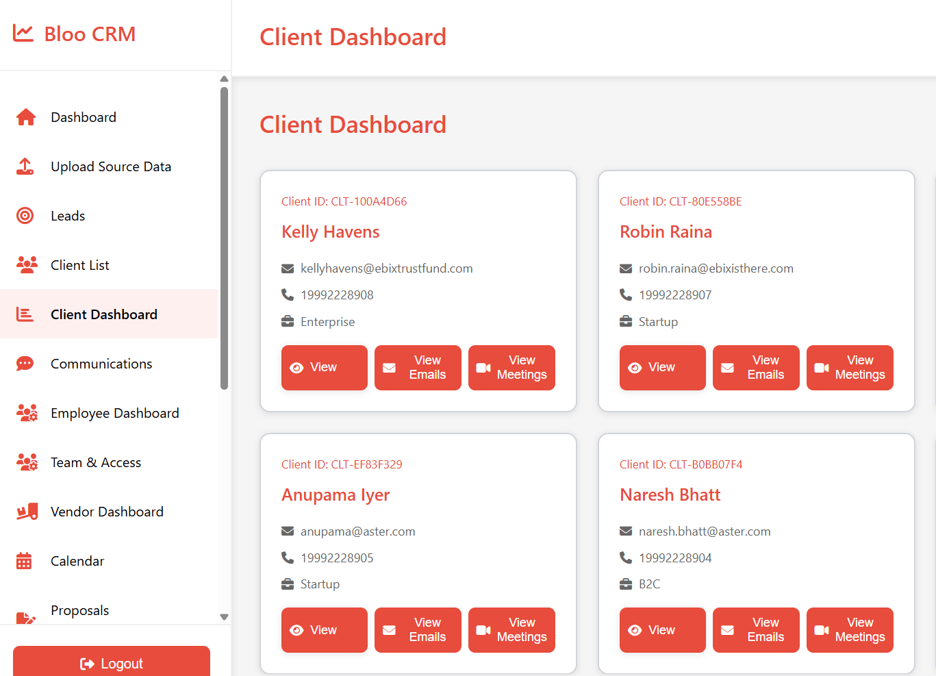 BlooCRM client dashboard for financial advisors and wealth managers